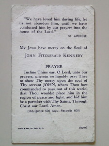 The back of a mass card for President Kennedy kept by my grandmother.